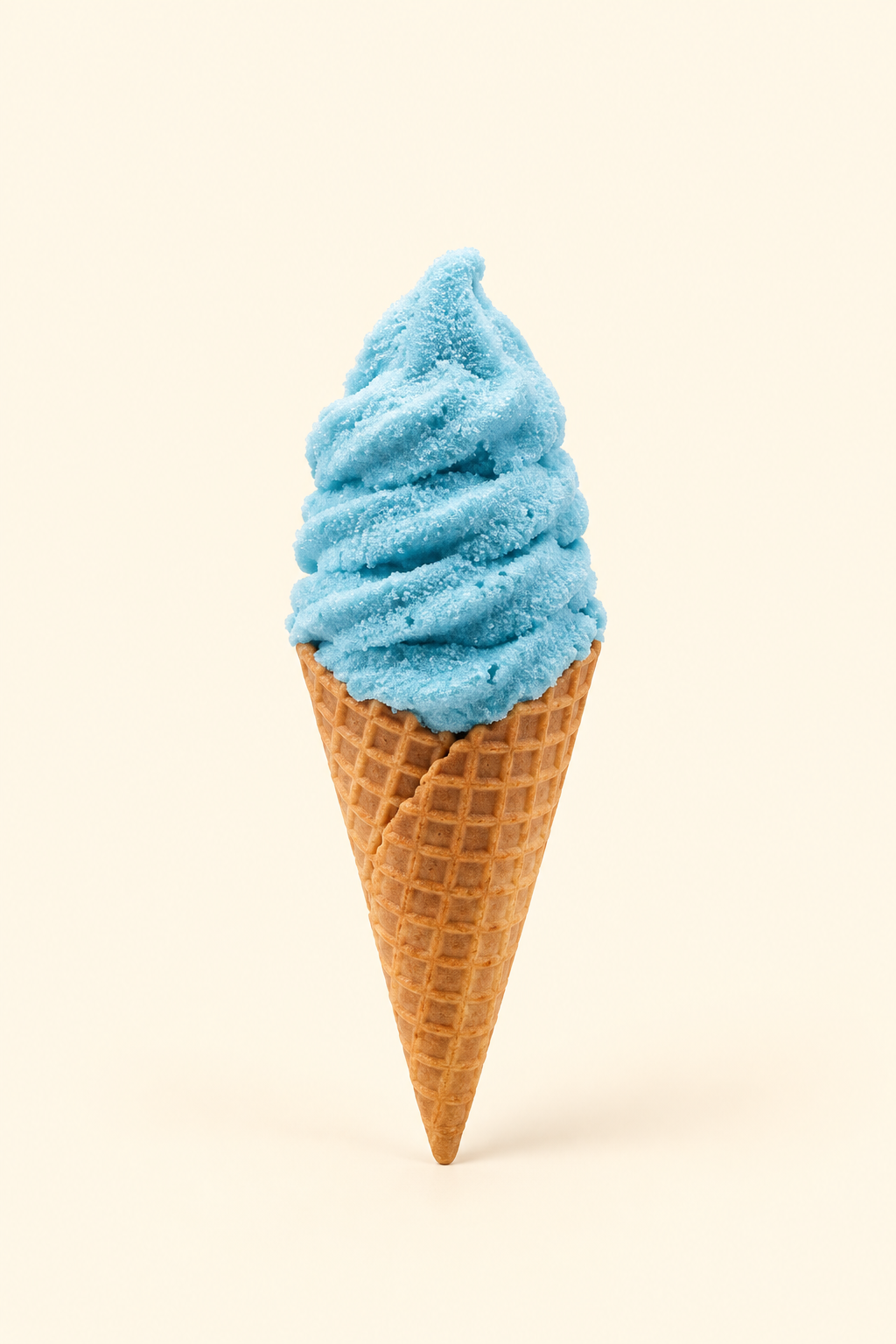 pale-blue sherbet with a fine-textured baked waffle cone.