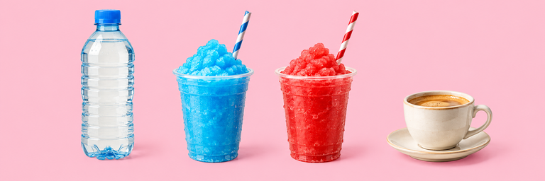 bottled water, blue and red icy drinks, and coffee.