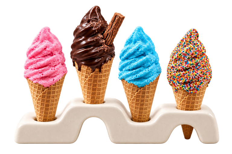 pink sherbet, chocolate with flake, blue sherbet and sprinkle-covered cones in a cream wave-shaped stand.
