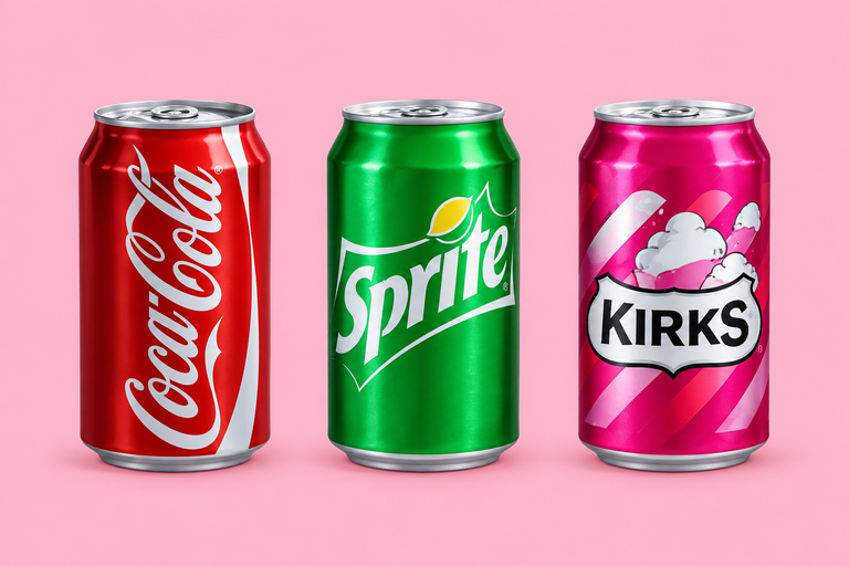 Coca-Cola, Sprite and Kirks cans.